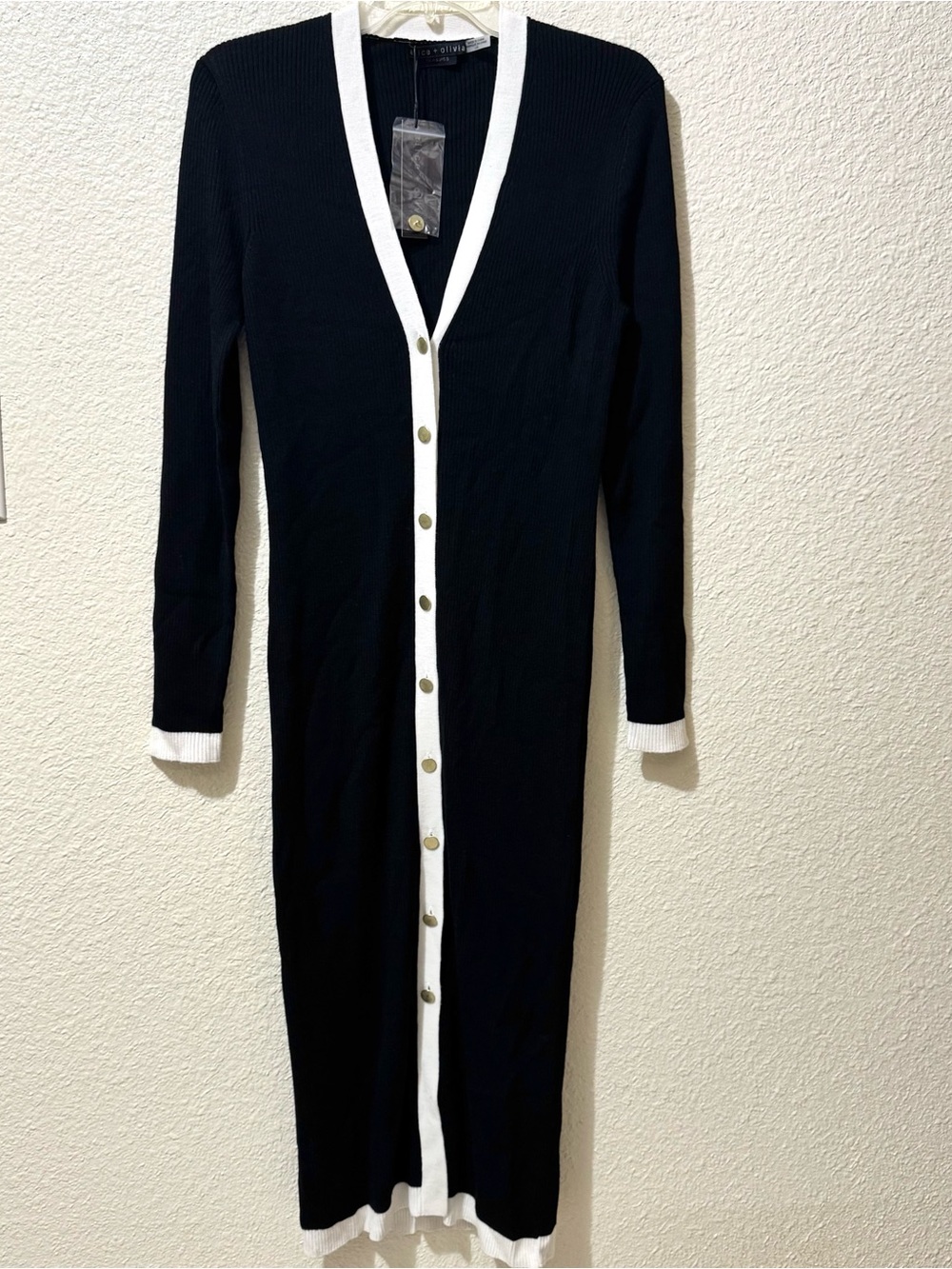 Alice and Olivia Classics Long Black Button-Front Knit Dress with White Trim L